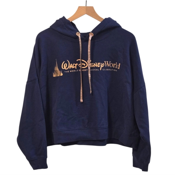 Walt Disney World 50th Anniversary Navy Iridescent Rose Gold Cropped Hoodie Xl - Picture 1 of 7